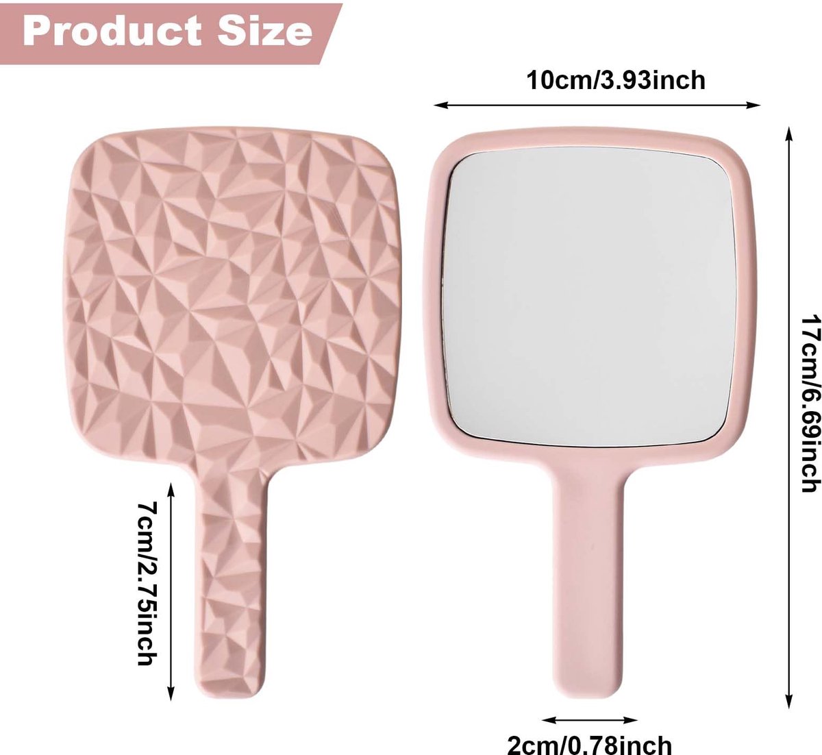 Spiegel met handvat, draagbare make-upspiegel, kappersspiegel, kleine handspiegel voor reizen, schoonheid, kantoor, dagelijkse make-up voor dames (roze)