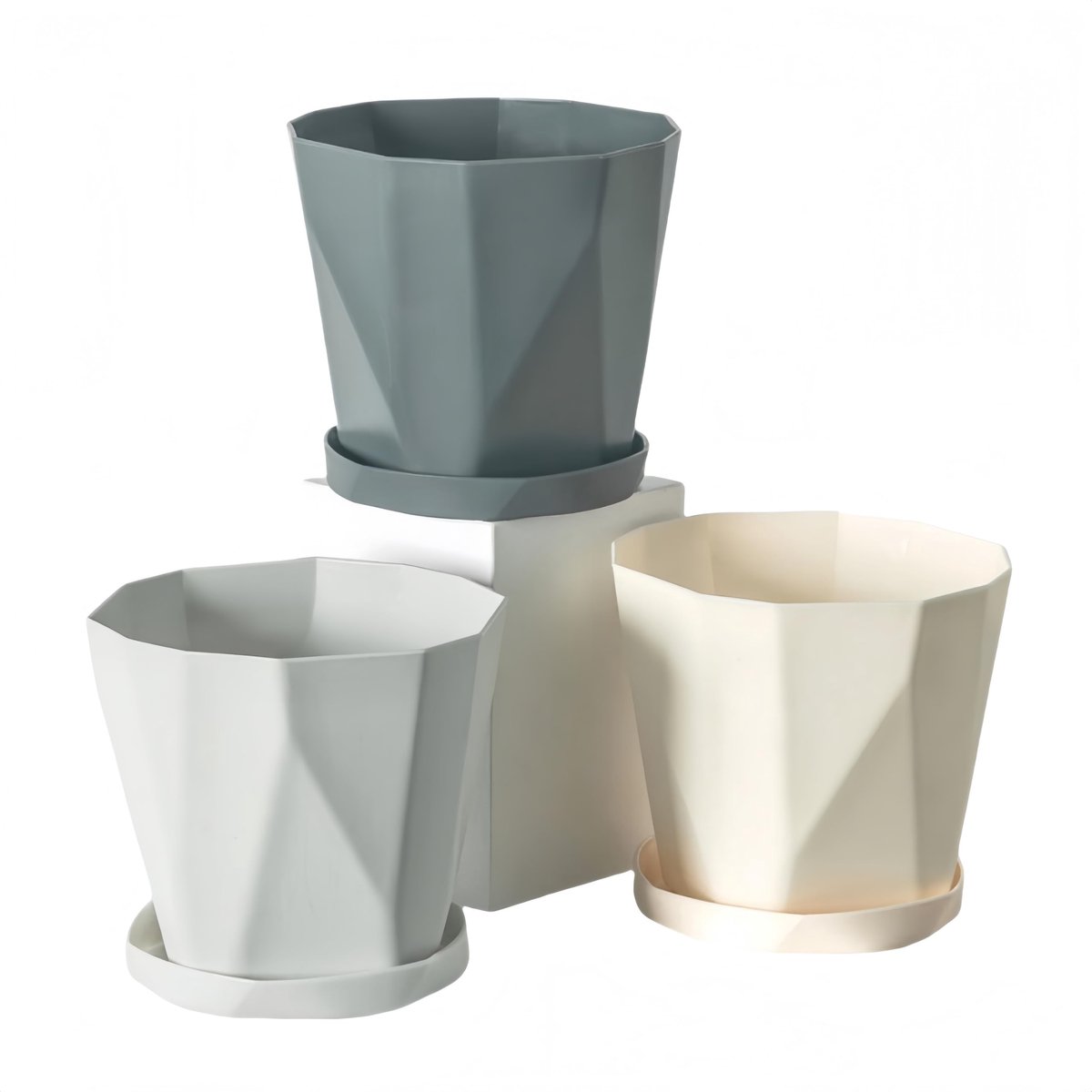 Bloempot, set van 3 bloempotten, diameter 13 cm, met kunststof schotel, ronde plantenpot, weerbestendig, grote bloempotten