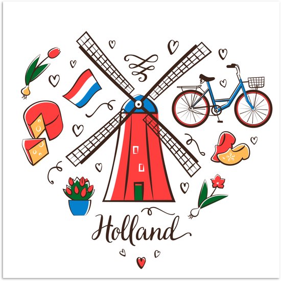 Poster 75x75 cm - Illustratie van een molen met de landsnaam van Nederland - Posters - Kamer decoratie - Wanddecoratie woonkamer - Muurdecoratie slaapkamer