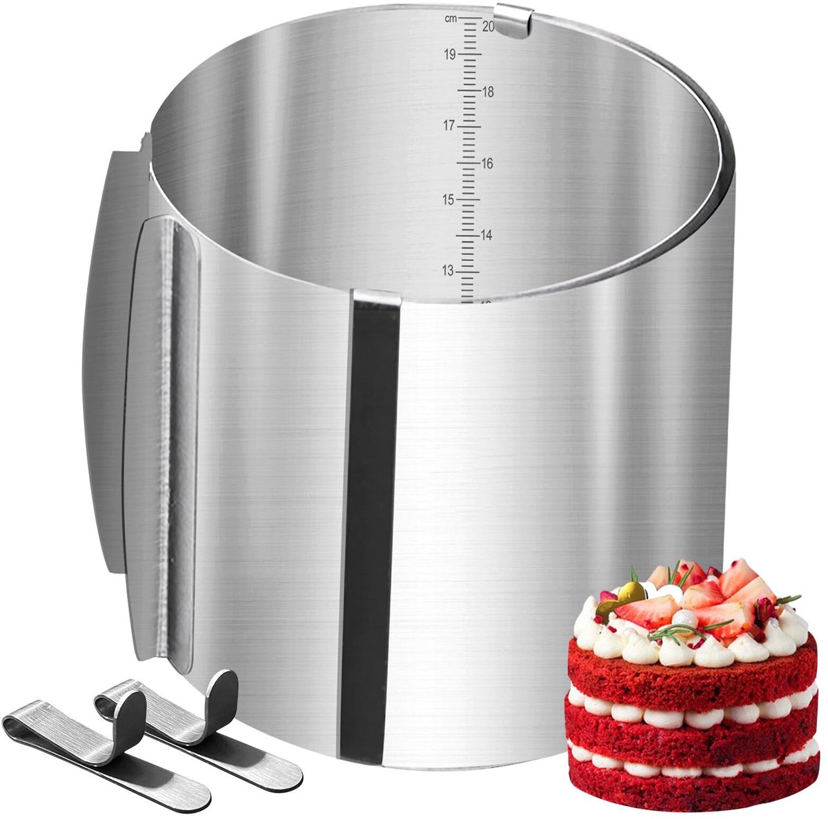 Dailygoods- Taartring Verstelbaar - Hoogte 20 cm - Roestvrij Stalen Bakring - Flexibele Breedte 16-30 cm - Voedselveilig - Hittebestendig