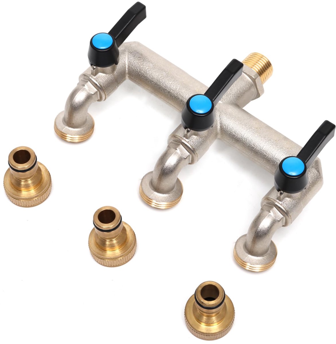 3/4 inch 3-weg uitloopkraan, verlengde handgreep (metaal), messing waterverdeler met 3/4 inch BSP tuinslang, kraanaansluiting, 3-weg kraan voor wasmachine, regenton