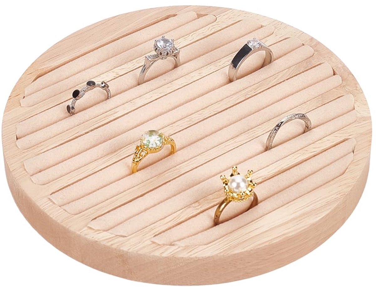 Houten Sieraden Display Lade, 6 Lange Slots Ring Oorbel Display Opslag Houder Wit Leer Inleg Sieraden Organizer Lade voor Sieraden Retail Display Verkoop, 15 cm In Diameter