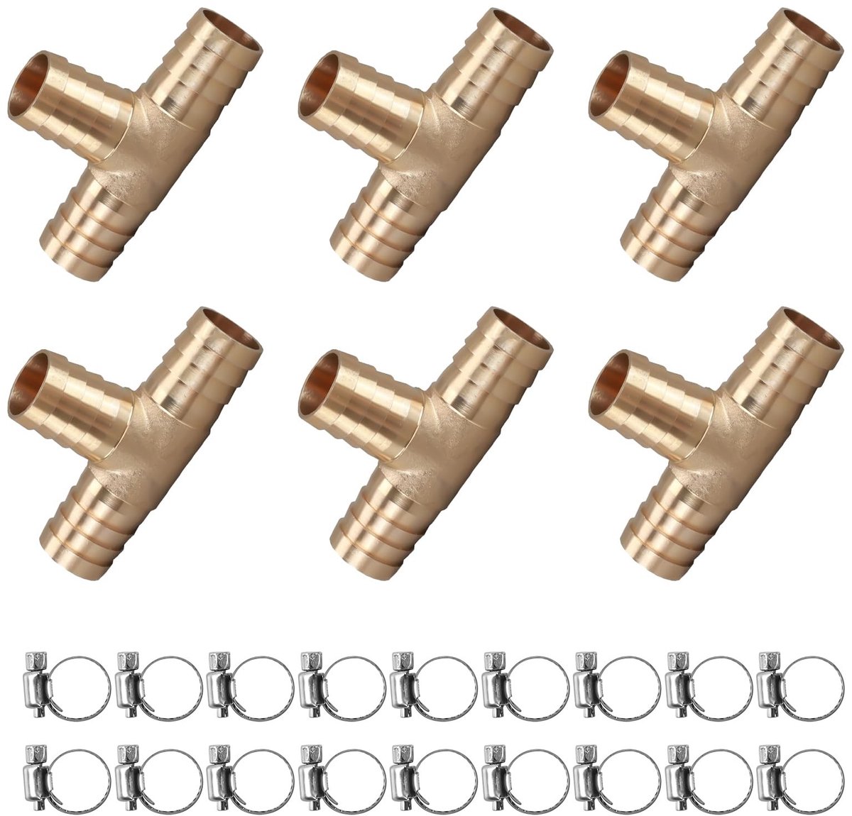 Dailygoods- Slangverbinder 12 mm - T-stuk 3-weg - Slangschroefverbinding - Slangconnectorset - 6 Stuks - Hoogwaardig Messing - Slangconnector