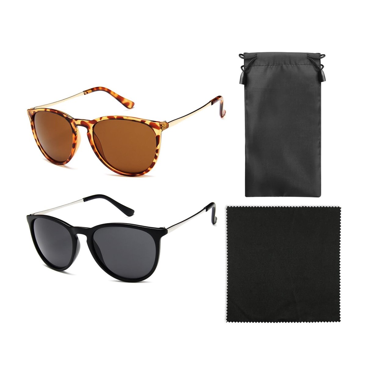 Dailygoods- Zonnebril Retro - Gepolariseerde Zonnebril - Dameszonnebril - Ronde Zonnebril - Zwart/Luipaardprint - Inclusief Brillendoek en Tas - Zonnebrillen