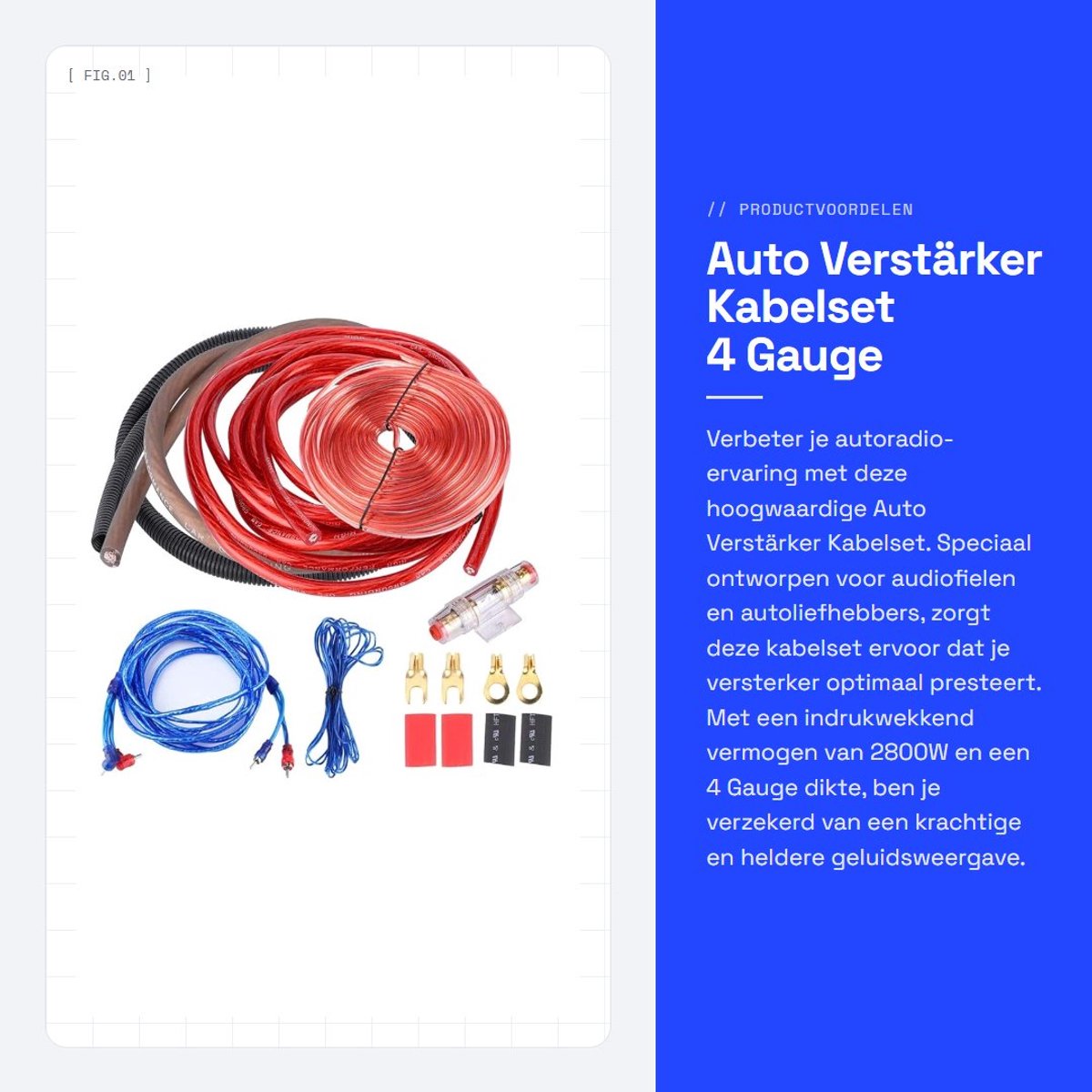 Dailygoods - Auto Verstärker Kabelset - 4 Gauge 2800W - Hoogwaardige kwaliteit - Geschikt voor versterkers - Ideaal voor audio-installaties - Inclusie...