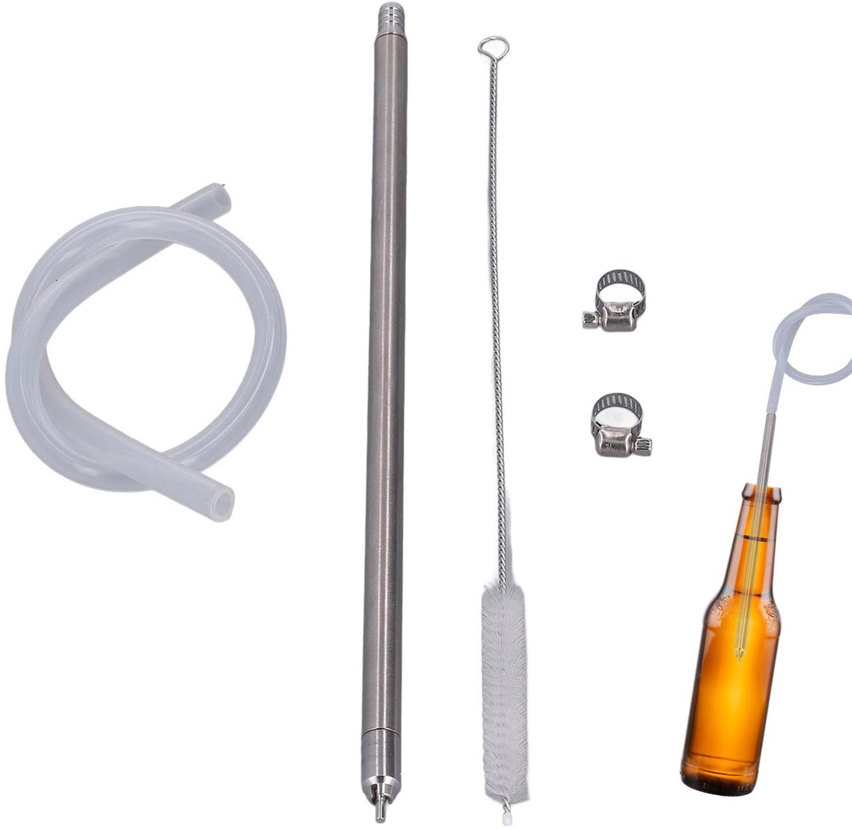 Dailygoods- Flesvuller Automatisch - Roestvrij Stalen Bierflesvuller - Vulset voor Thuisbrouwen - Inclusief Borstel/Slangklem - Compact en Duurzaam - Lengte 35,2 cm - Brouwerijapparatuur