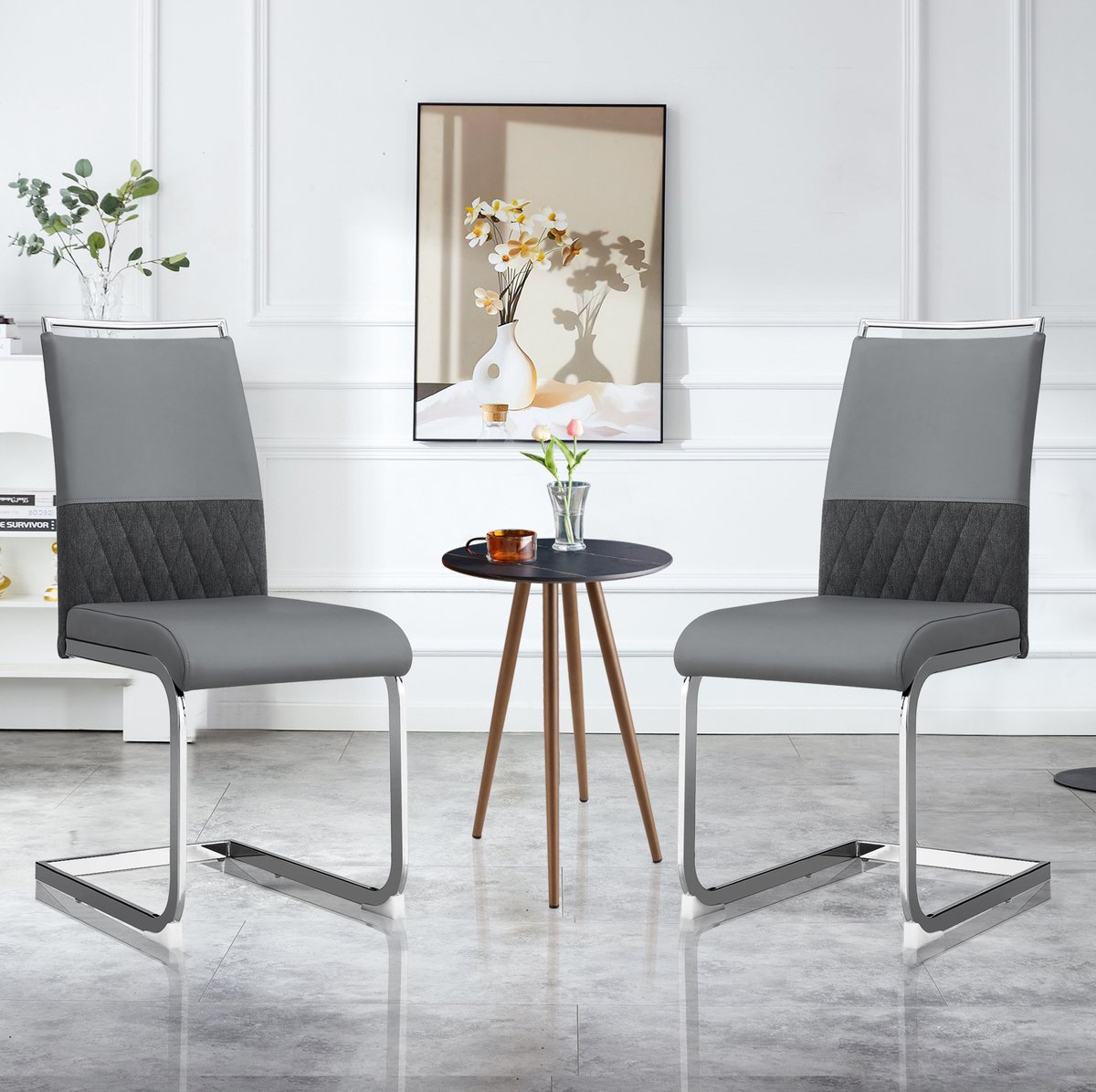 DESMIU Eetkamerstoel - Set Van 2 - Hoge Rug En Gewatteerde Zitting - Voor Eetkamer, Keuken En Werkkamer - Metaal En Kunstleer - Grijs