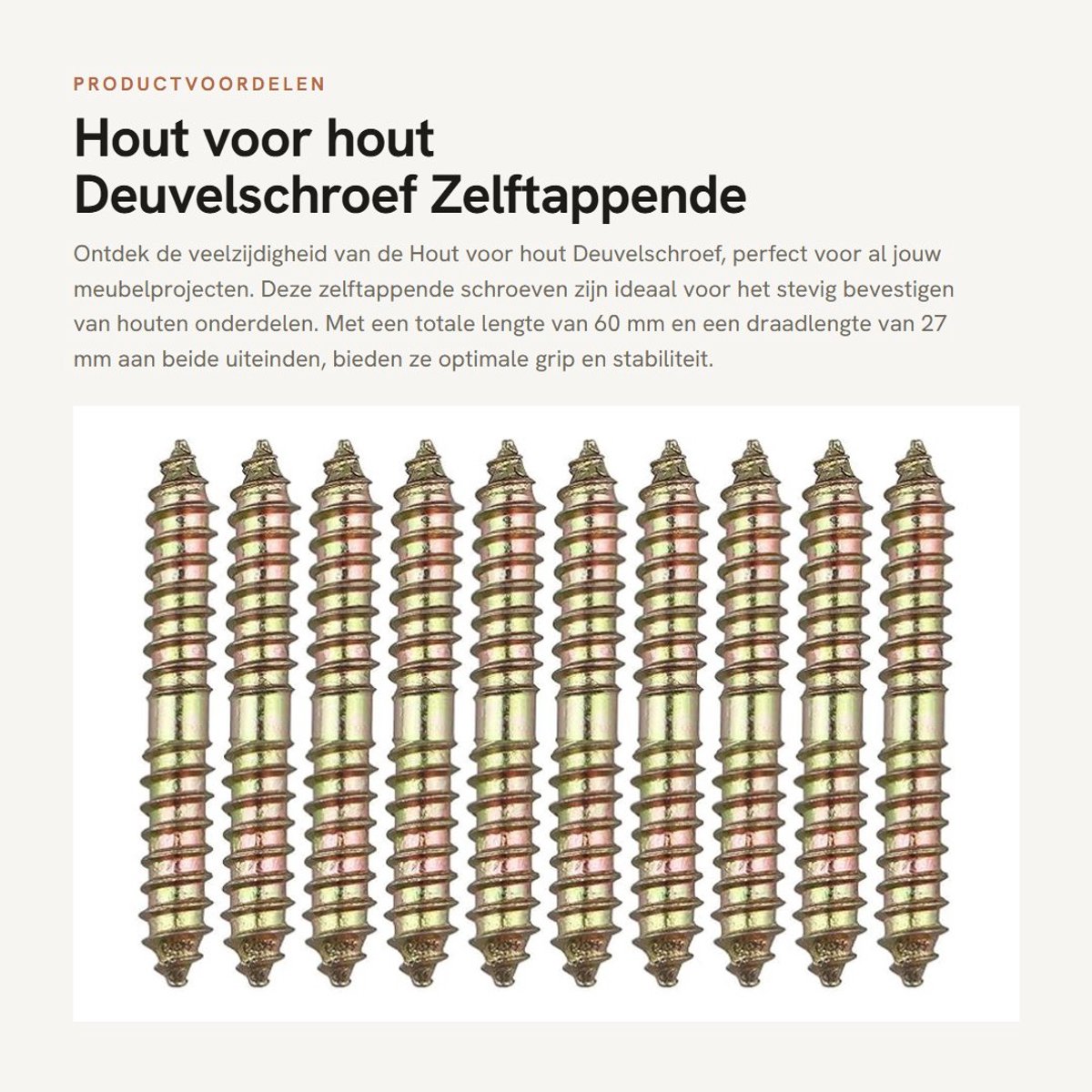 Dailygoods- Schroeven M8 - Hout voor Hout Deuvelschroef - Zelftappende Schroeven - 10 Stuks - Bronskleur - Totale Lengte 60 mm