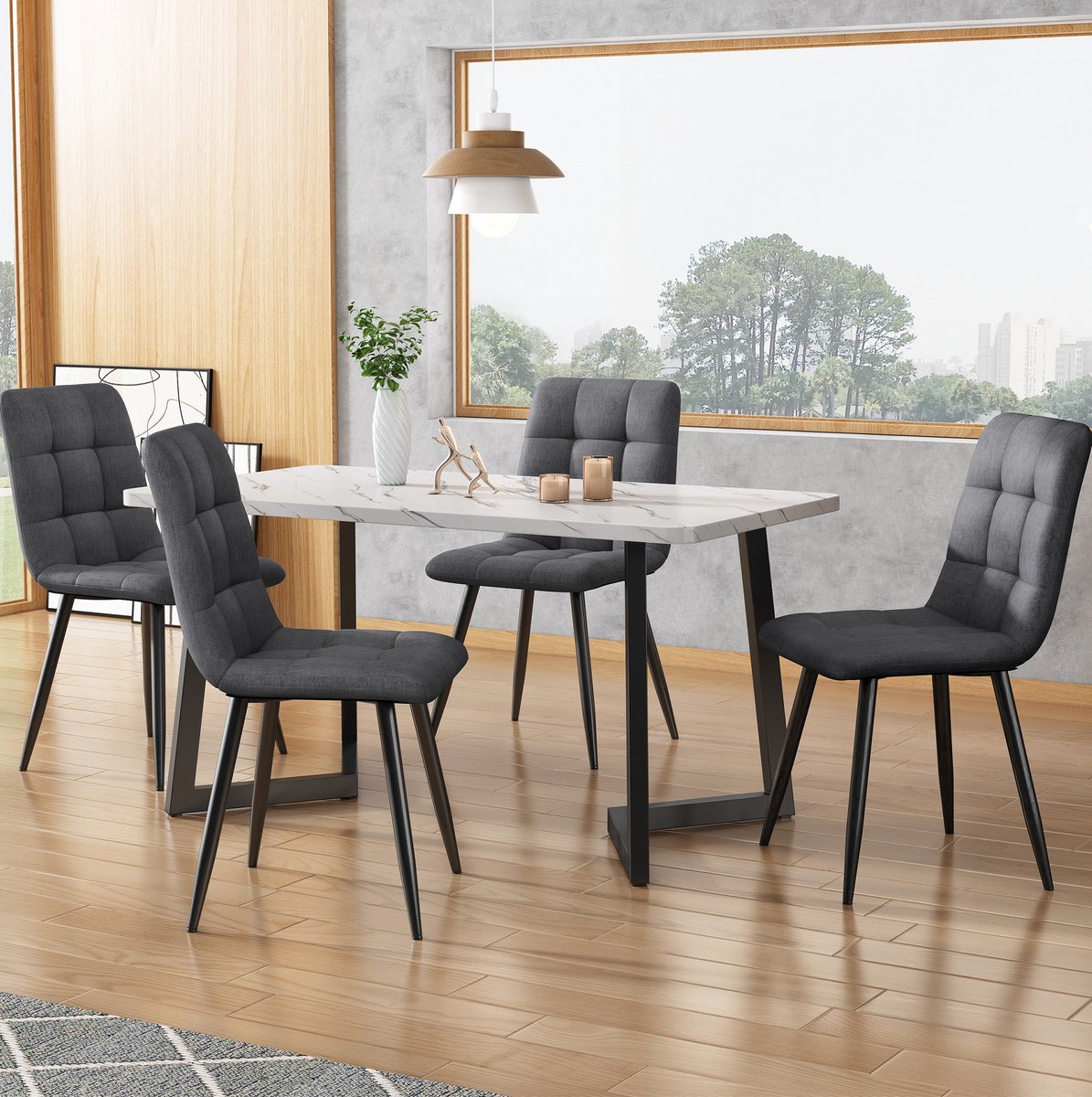 DESMIU Eetkamerstoel – 46 x 44 x 86 Cm – Set Van 4 – Ergonomisch Met Gewatteerde Zitting En Rugleuning – Voor Eetkamer En Keuken – Stof Donkergrijs