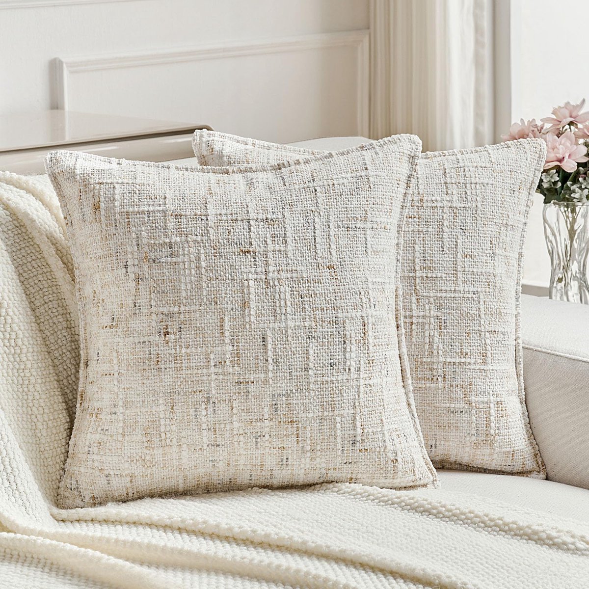 Chenille Kussenhoezen 50x50 2er Set, Zachte Decoratieve Kussenhoes, Moderne Kussensloop Met Onzichtbare Rits, Duurzaam Kussenslopen Voor Woonkamer,Bank,Slaapkamer, Crème
