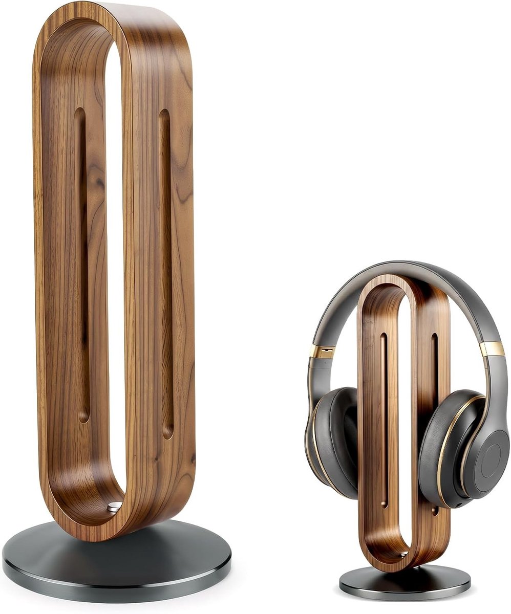 Hoofdtelefoonstandaard van massief walnoothout en aluminium, antislipbasis, stevige headsethouder voor gaming en audio-accessoires