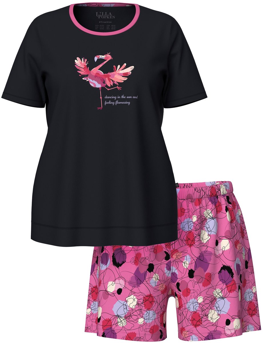 Ulla Popken Dames - Pyjama flamingo ronde hals korte mouwen short - Roze - Maat 46+