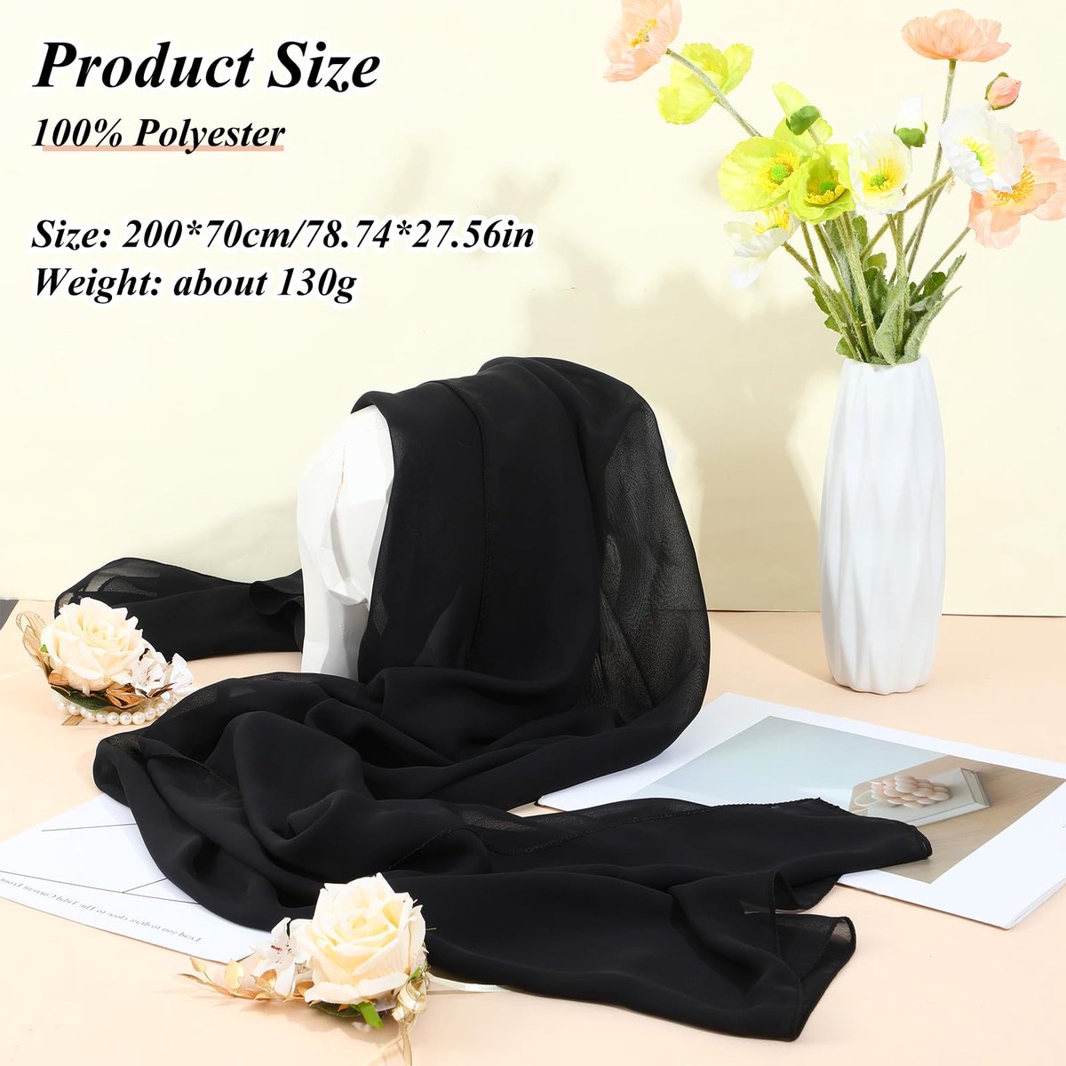 chiffon sjaal, stola, avondjurk, elegante chiffondoek, lichte zachte sjaal, oversized schouderdoek voor bruiloft, feest, feestelijke gelegenheden, 200 x 70 cm