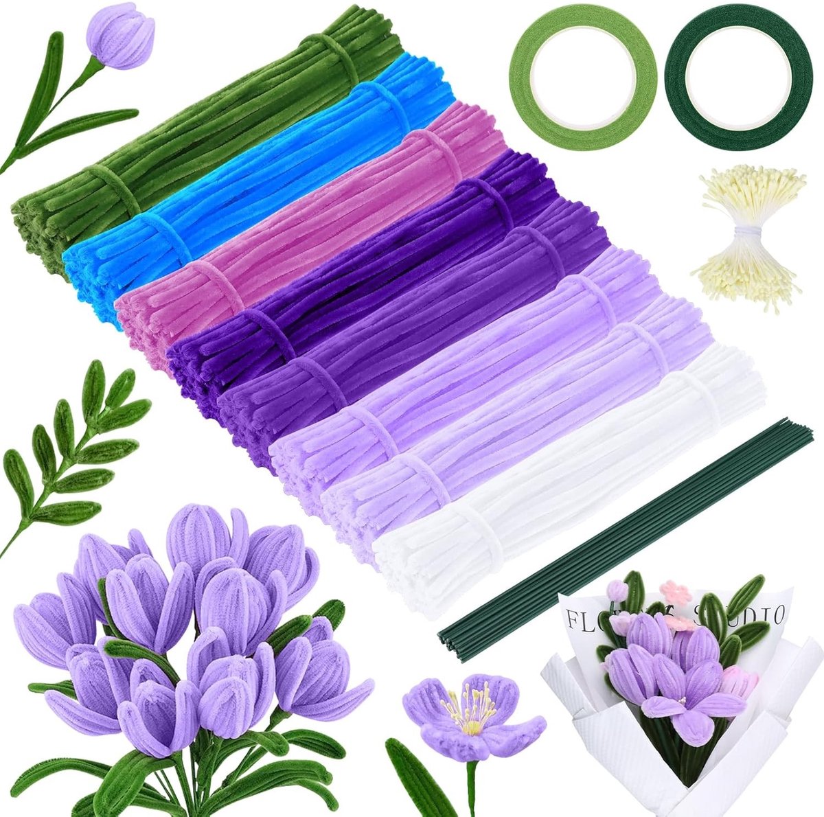 600 Pijpenragers voor Creatieve Projecten, 8 Kleuren Pijpenrager Set met 350 Pollenhouders, 30 Groene Kralendraad en 2 Bloemstelen Tape voor DIY Bloemstukken en Decoraties