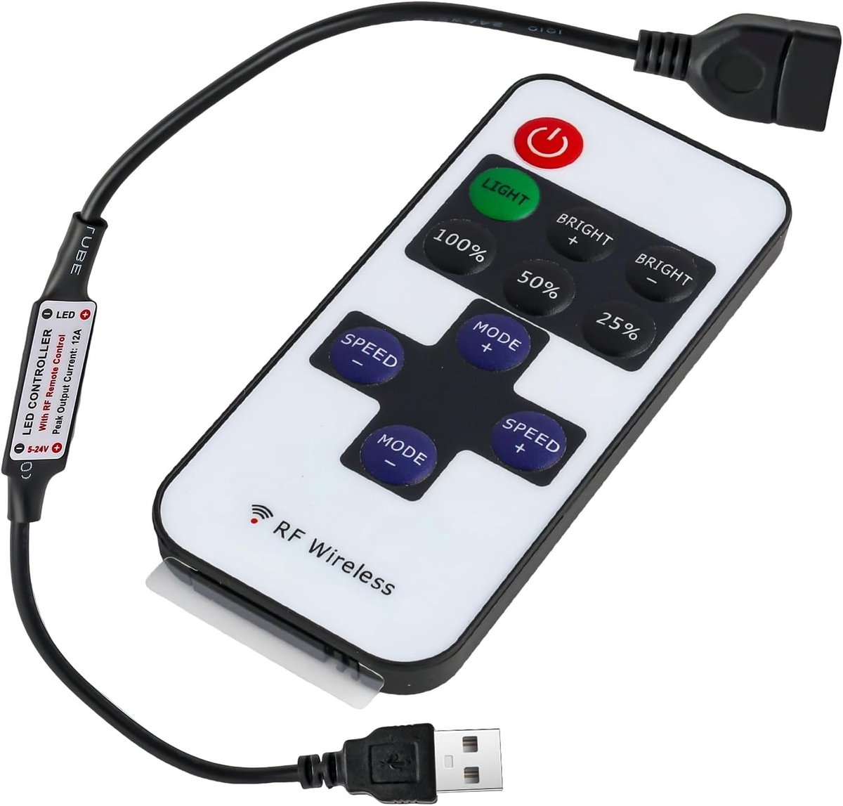 Thijox - DC5-24V Draadloze Dimmer Afstandsbediening met 11 Toetsen voor LED-strips, 30 Meter Bereik, Instelbare Helderheid, Mini USB Controller voor F