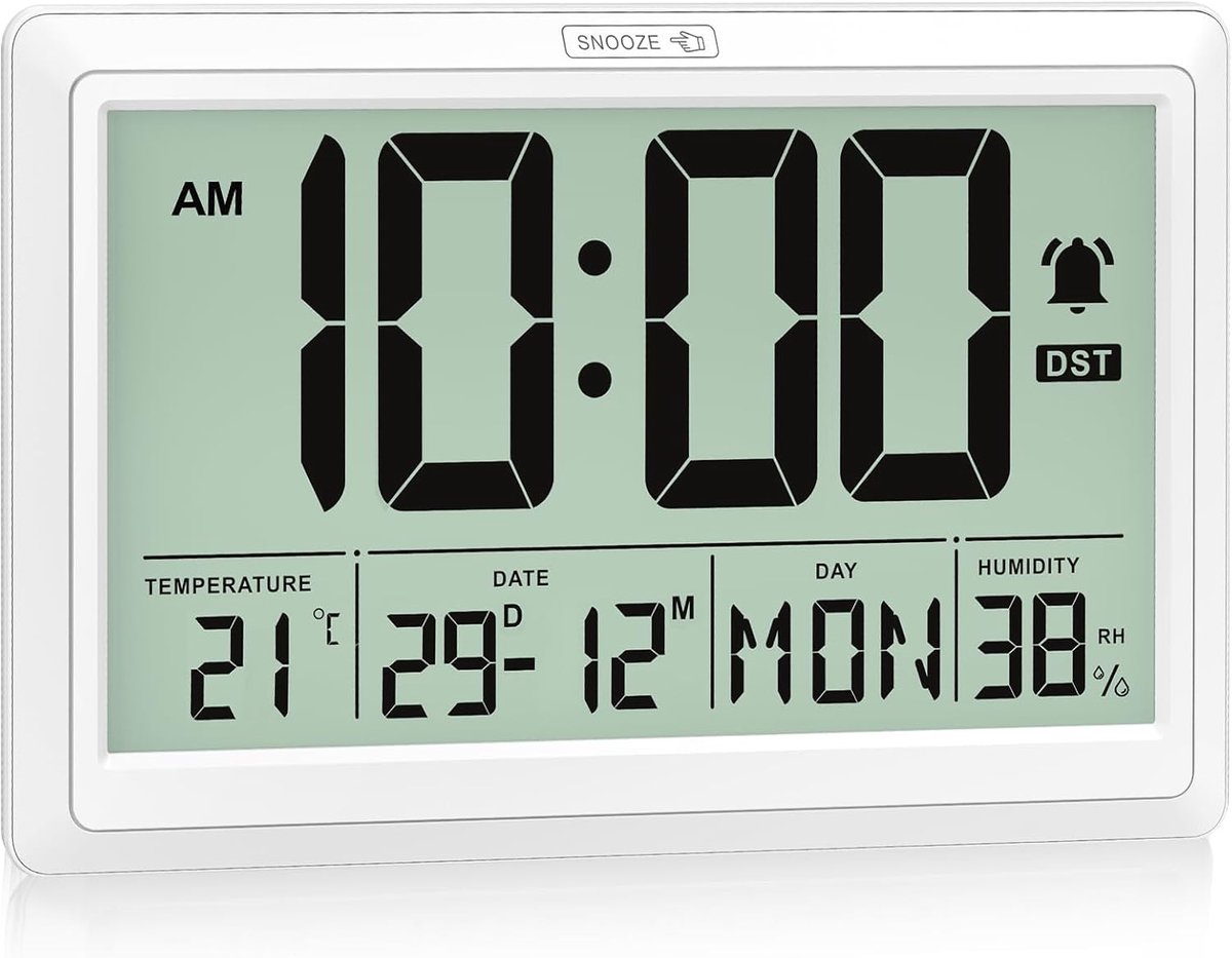 Thijox - Digitale Wand- en Tafelklok, HD-LCD-Display, 19,4 x 10,4 cm, Wekker met Sluimerfunctie, Temperatuur- en Vochtigheidsmeter, 12/24u Schakelbaar