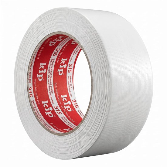 Dichtbij de rode binnenkant en witte zijkant van een rol Kip 315 tape.