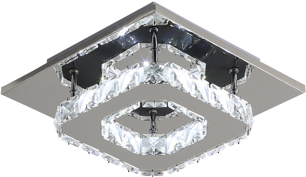 Riserva LED Kristallen Plafondlamp Vierkant - 12W - 1350 lm - 6500K Koel Wit - Zilver - Moderne Plafonnière voor Slaapkamer, Hal, Keuken en Eetkamer