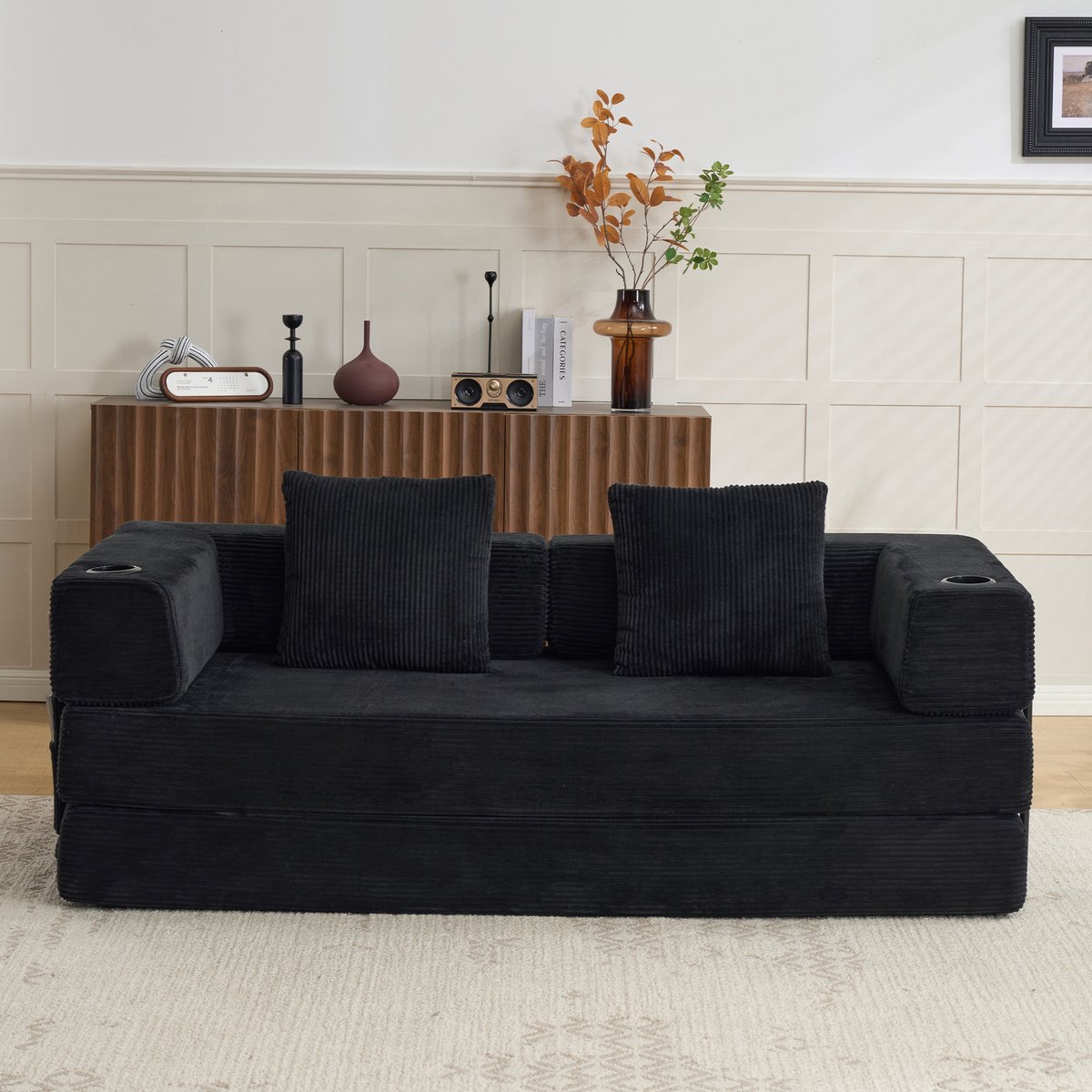 TRUVIX Slaapbank met Slaapfunctie 200x100x63 cm - Grijs/Zwart - LED-Verlichting, Bekerhouder