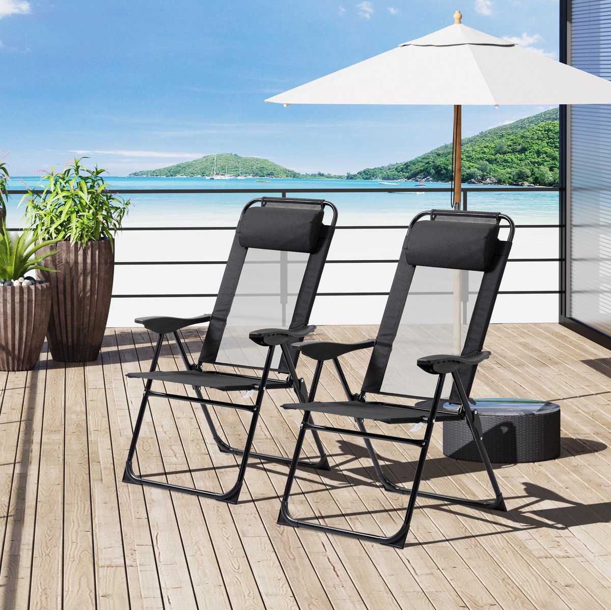 STILVORA Tuinstoel 62 x 70 x 109 Cm - Set Van 2 Met Verstelbare Rugleuning En Armleuningen - Voor Tuin En Balkon - Staal Zwart