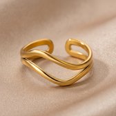 Lundholm Shelby Ringen Dames Goudkleurig - Open Ring Golvend - Verstelbaar One Size - Minimalistisch - Premium Stainless Steel Jewellery Goud Verguld - Hypoallergene Sieraden - Vrouwen Cadeautjes - Kerst Cadeau Vrouw en Vriendin - my Lundholm