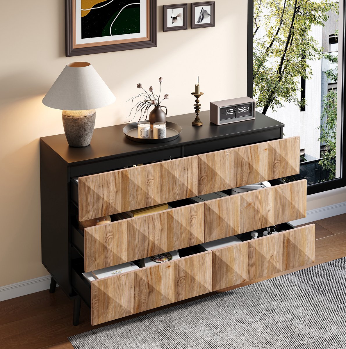 COVREO Dressoir 120x40x85 cm - 6 lades, zwart en naturel