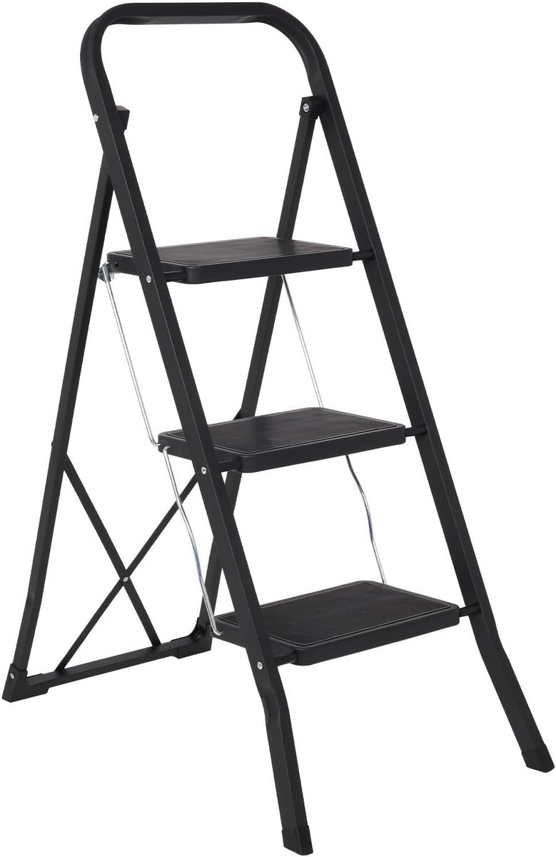 SnelShoppen - Stevige Huishoudtrap 3 Treden - Inklapbare Keukentrap met Anti-Slip - Opvouwbare Trap Ladder - Metaal - Zwart voor Keuken, Zolder, Lampe