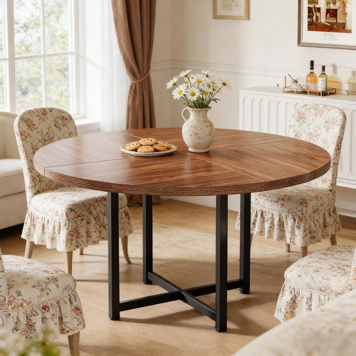 OKWISH Eettafel - Ronde Tafel 120 x 120 x 75 cm - Voor 4 tot 6 Personen - Industrieel Desi