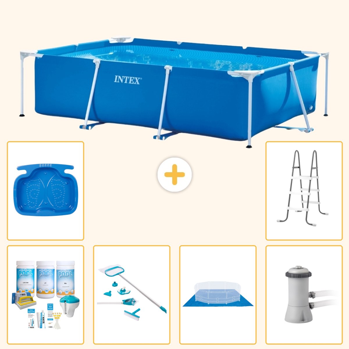 Intex Rechthoekig Frame Zwembad - 300 x 200 x 75 cm - Blauw - Inclusief Onderhoudspakket - Schoonmaakset - Grondzeil - Zwembadfilterpomp - Voetenbad - Ladder - 7-delig