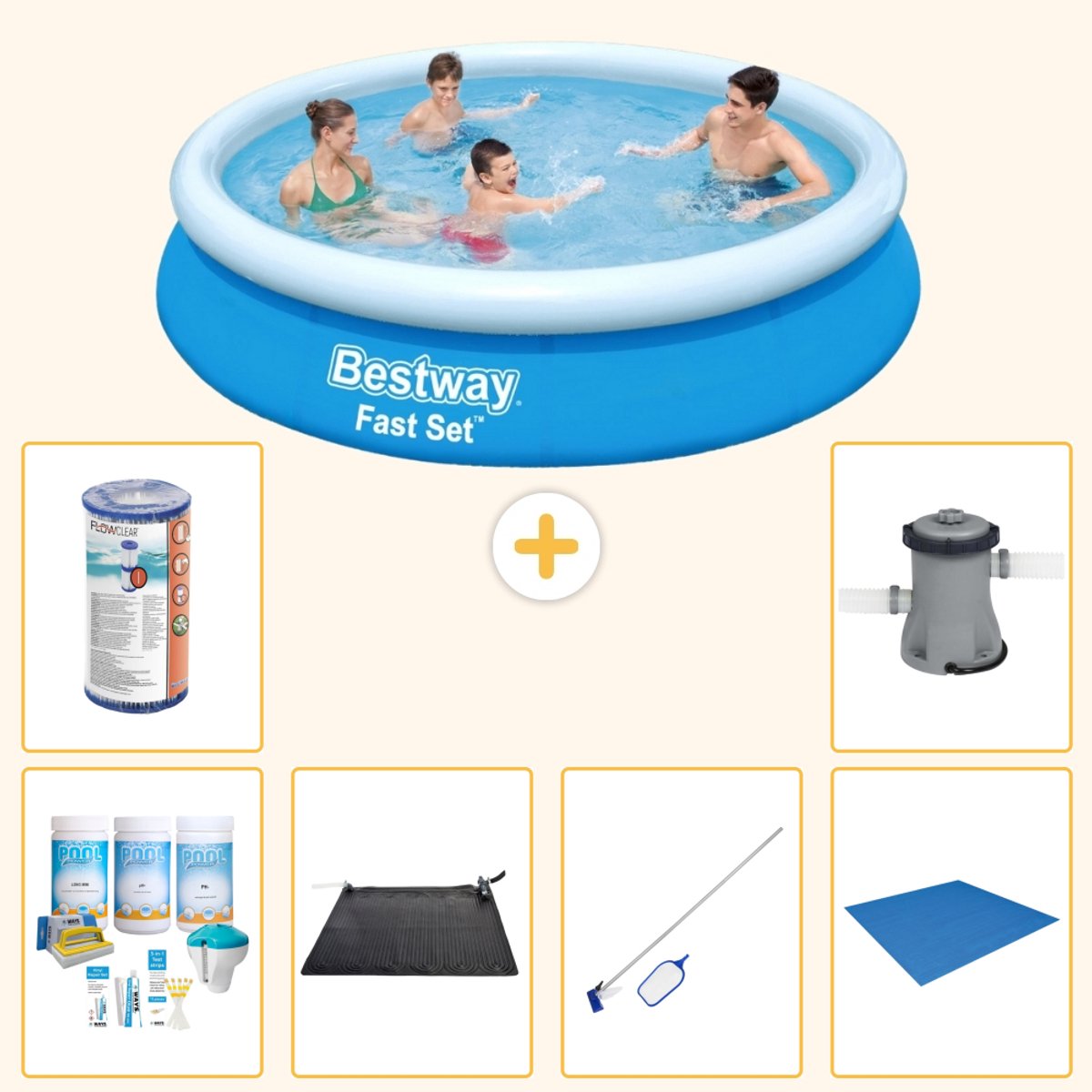 Bestway Rond Opblaasbaar Fast Set Zwembad - 366 x 76 cm - Blauw - Inclusief Onderhoudspakket - Solar Mat - Schoonmaakset - Grondzeil - Filter - Zwembadfilterpomp - 7-delig