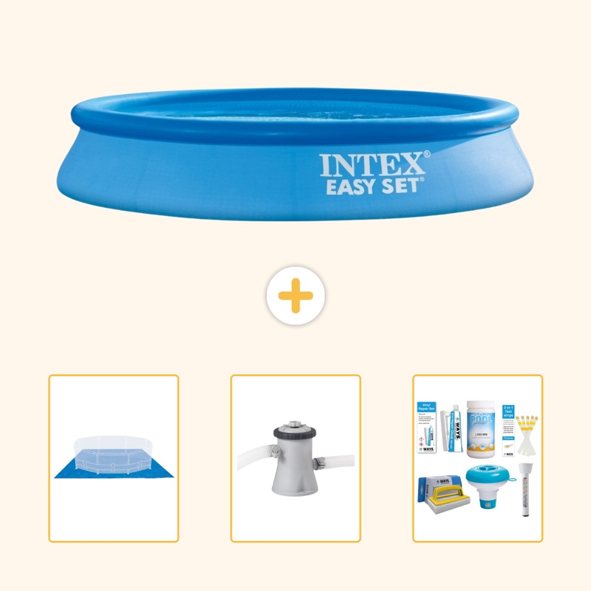 Intex Rond Opblaasbaar Easy Set Zwembad - 305 x 61 cm - Blauw - Inclusief Grondzeil - Zwembadfilterpomp - Onderhoudspakket - 4-delig