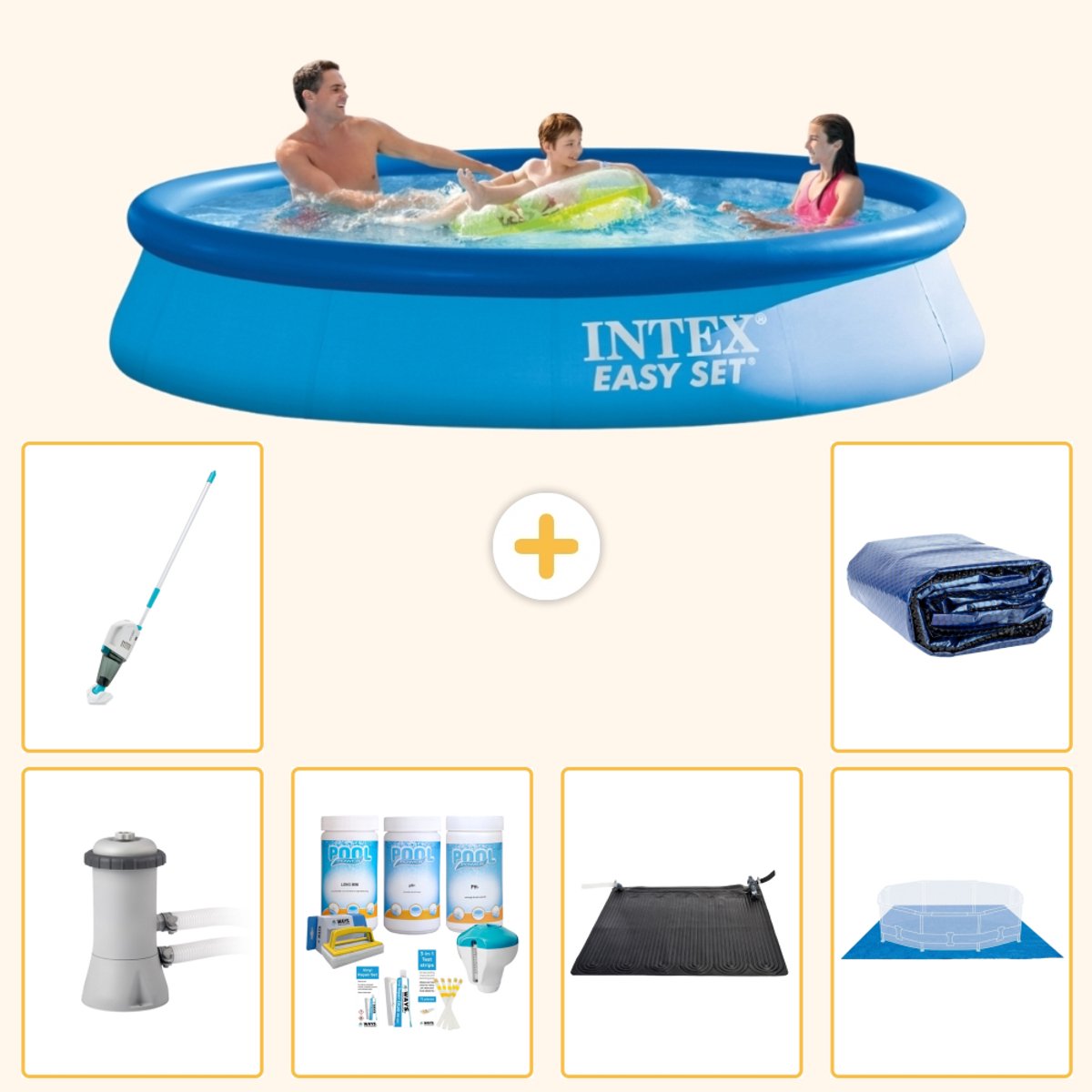 Intex Rond Opblaasbaar Easy Set Zwembad - 366 x 76 cm - Blauw - Inclusief Pomp - Onderhoudspakket - Solar Mat - Grondzeil - Stofzuiger - Solarzeil - 7-delig