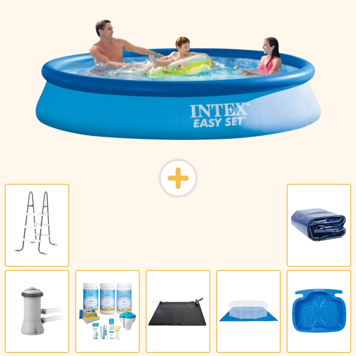 Intex Rond Opblaasbaar Easy Set Zwembad - 366 x 76 cm - Blauw - Inclusief Pomp - Onderhoudspakket - Solar Mat - Grondzeil - Voetenbad - Ladder - Solarzeil - 8-delig