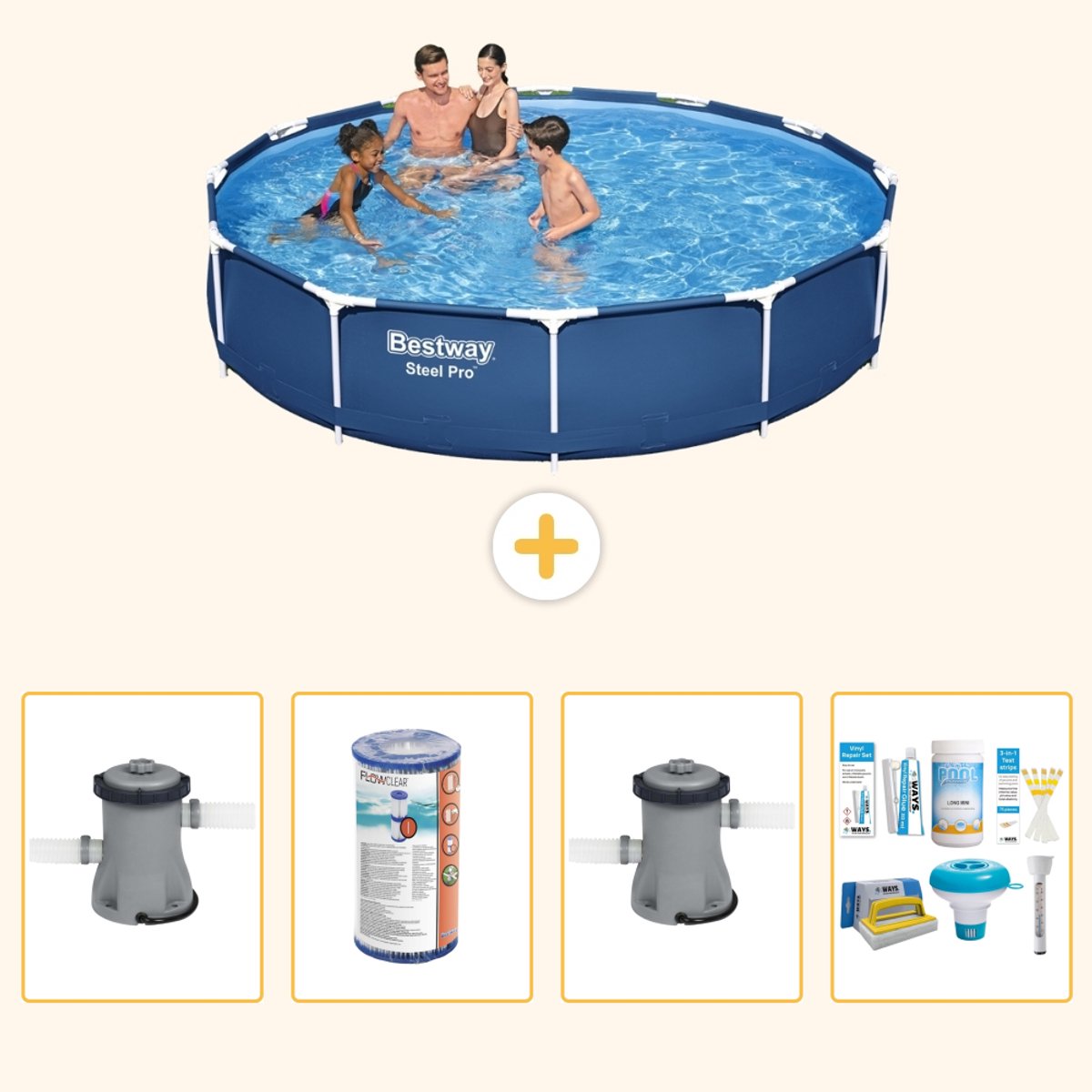 Bestway Rond Steel Pro Zwembad - 366 x 76 cm - Blauw - Inclusief Pomp - Filter - Zwembadfilterpomp - Onderhoudspakket - 5-delig