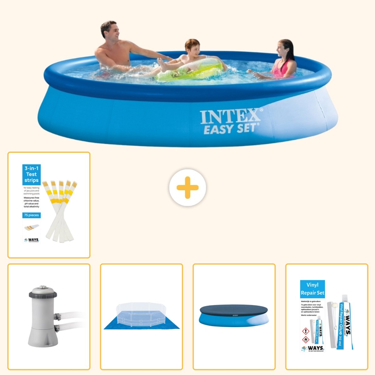 Intex Rond Opblaasbaar Easy Set Zwembad - 366 x 76 cm - Blauw - Inclusief Pomp - Grondzeil - Afdekzeil - Reparatiesetje - Testrips - 6-delig