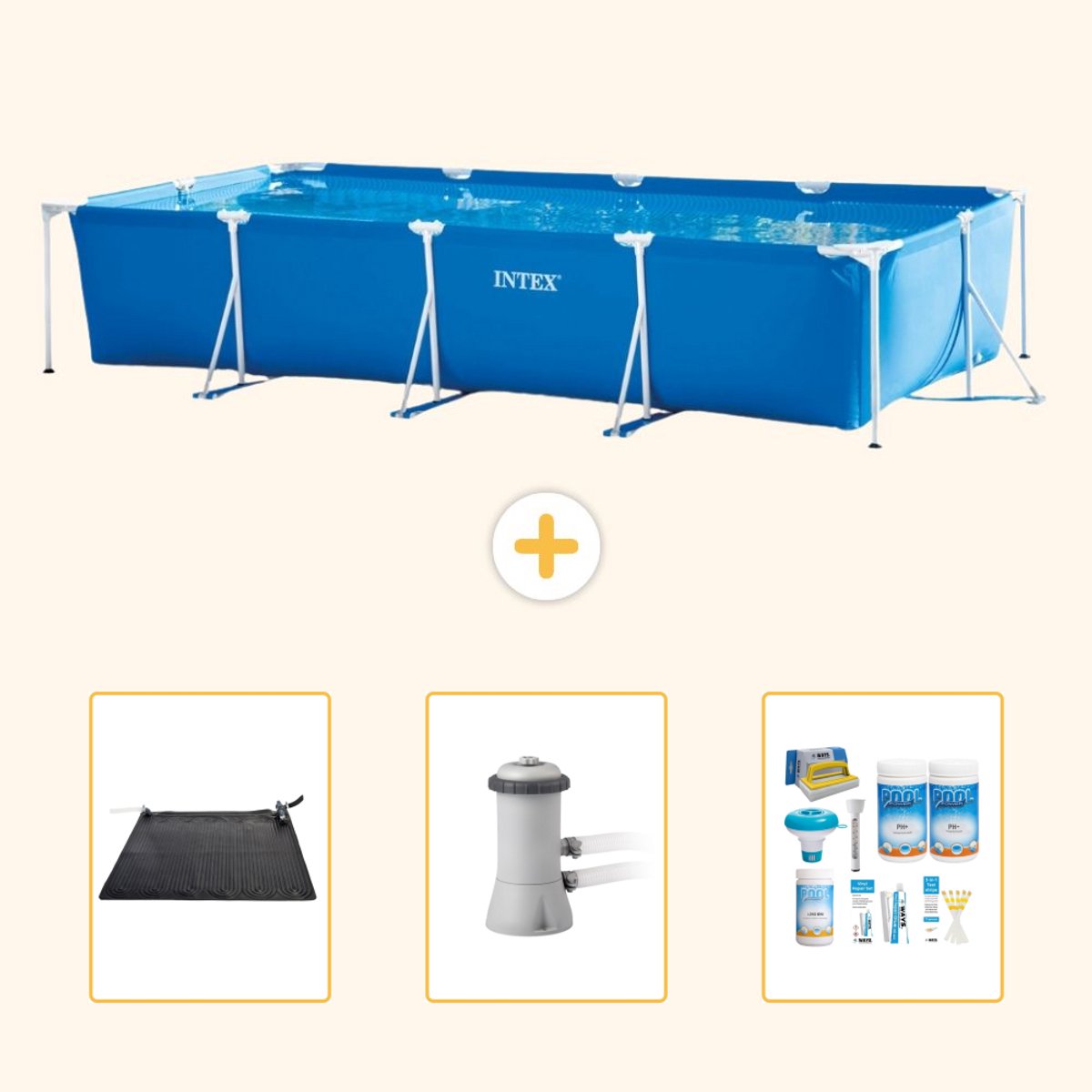 Intex Rechthoekig Frame Zwembad - 450 x 220 x 84 cm - Blauw - Inclusief Solar Mat - Zwembadfilterpomp - Onderhoudspakket - 4-delig