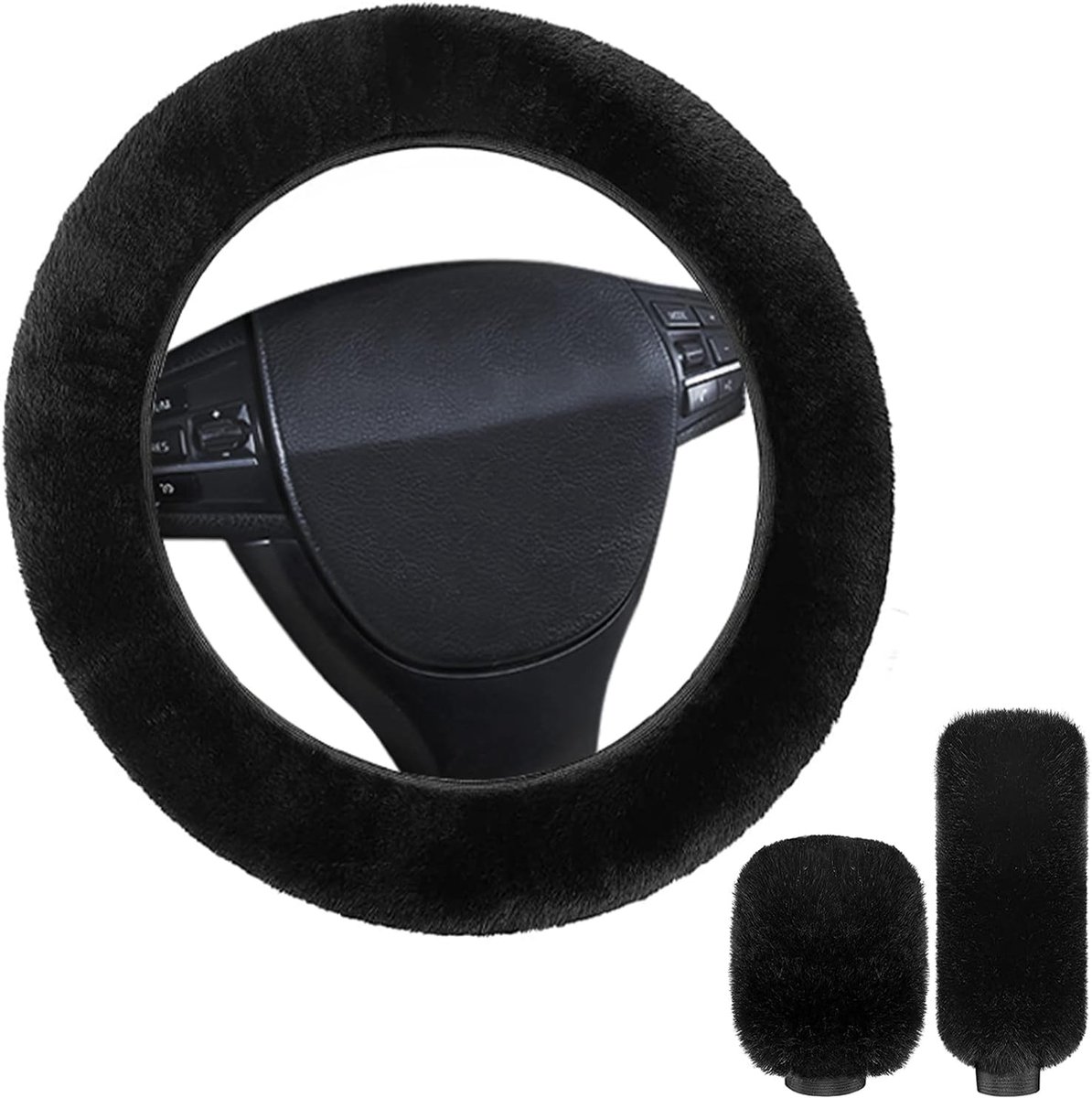 Thijox - Pluche Stuurhoes Set voor Auto - Universeel, Antislip, Warm, 3-delig, Geschikt voor Stuurwiel 37-39 cm, Zwart - Auto Accessoires