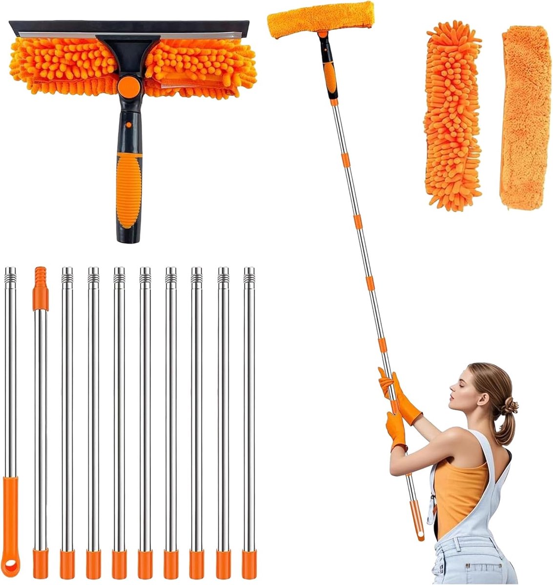 SnelShoppen - Telescopische Ramenreiniger 2-in-1 4.5m met Siliconen Wisser en Microvezel Scrubber, 270° Draaibaar voor Glas, Spiegels, Badkamers en Au