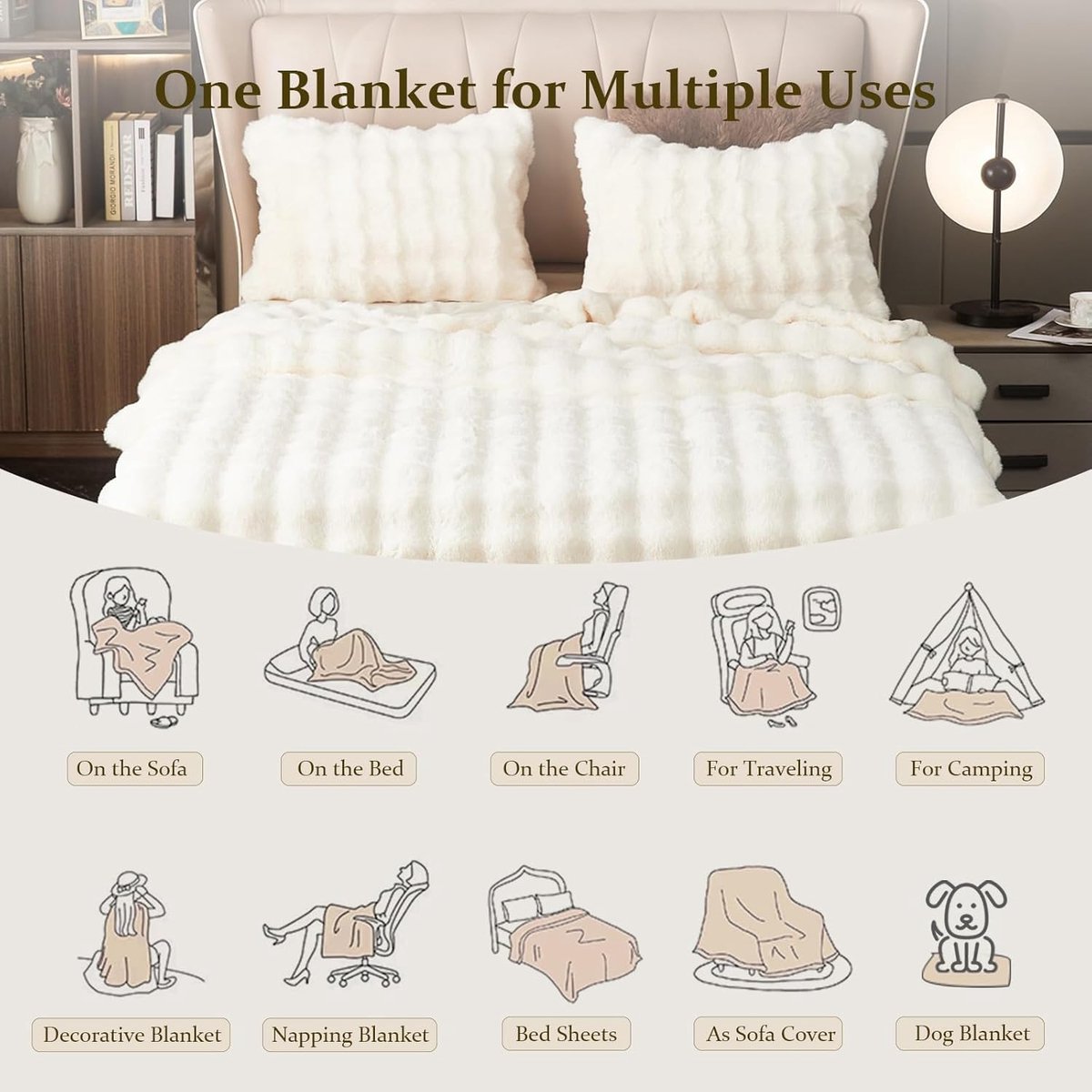 Thijox - Luxe Pluche Deken 100x160 cm - Superzachte Imitatiebont Deken - Lichtgewicht Warme Dekens voor Bank en Bed - Gezellige Pluizige Deken in Wit