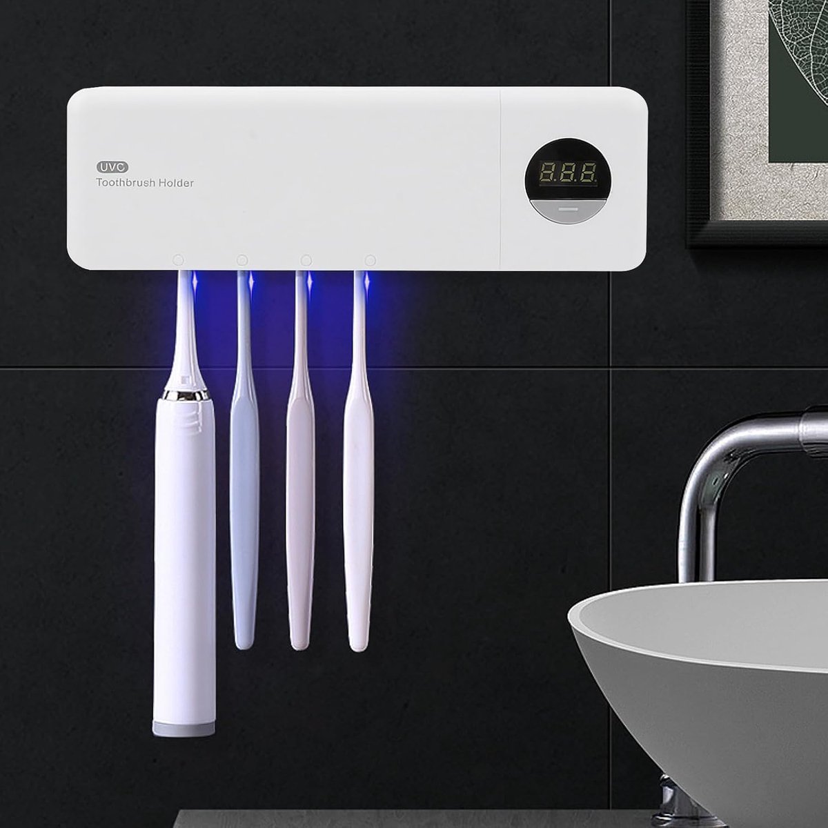 Thijox - UV-Tandenborstelhouder met UVC-desinfectie, 4 Tandenborstelhouders, Wandmontage, Tandenborstelsanitizer met Timer, Optimaliseer Tandhygiëne