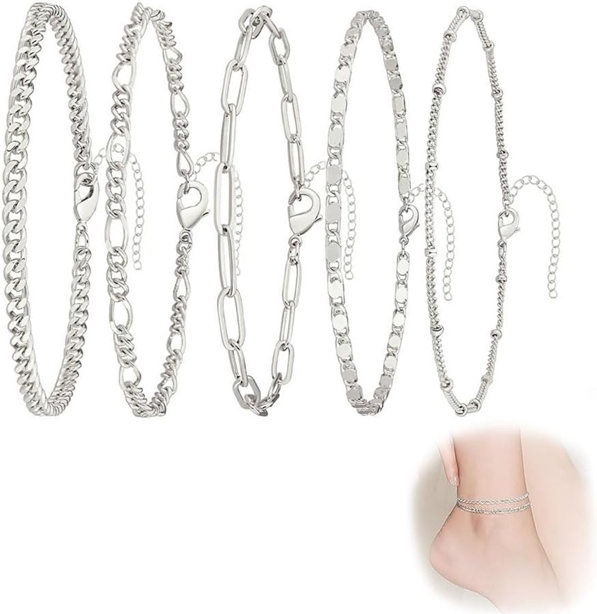 Thijox - 5 stuks Zilveren Voetkettingen voor Vrouwen - Eenvoudige Vintage Enkelbandjes - Boho Knenkelsieraad voor Strand, Feest en Dagelijks Gebruik