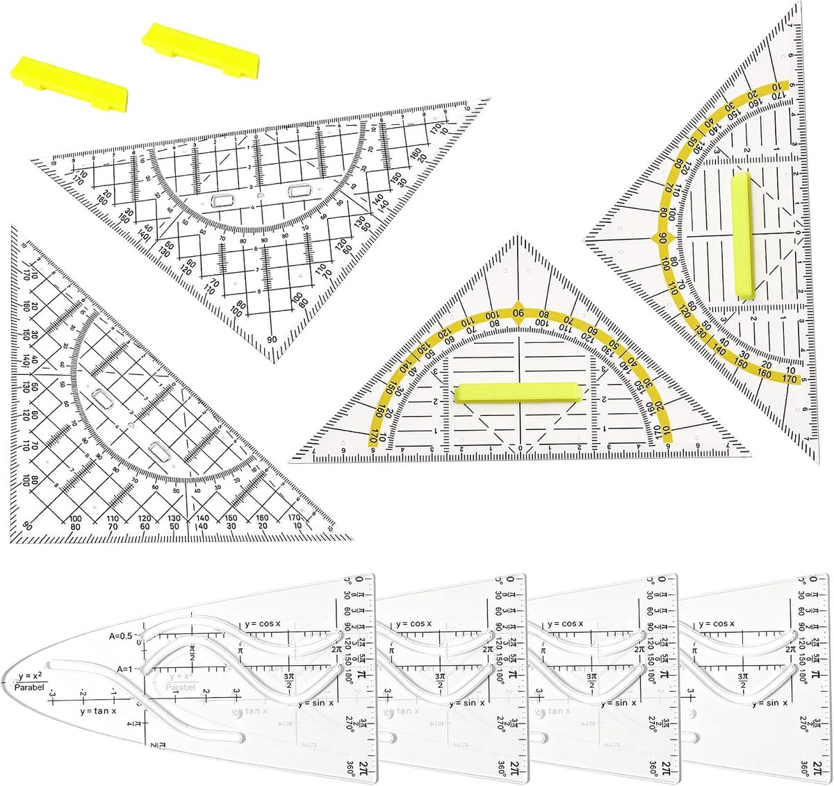 SnelShoppen - 8 Stuks Geodriehoek Set met Handvat voor Wiskunde en Kantoor | Transparante Geodriehoek met Parabelsjabloon, Ergonomisch Handgreep, Nauw