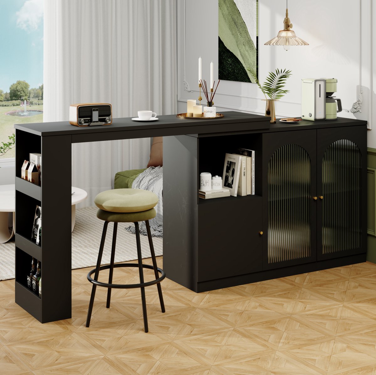 COVREO Dressoir 120 x 40 x 103 cm - 360° draaibaar, met glazen deur en open vakken, zwart