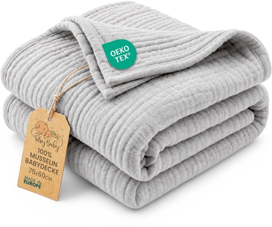 Babydeken zomer dunne mousseline deken 75 x 60 cm - lichte ademende deken katoen wieg kinderwagen – zonwering newborn baby pasgeboren zacht reiswieg meisje jongen Oeko-Tex Grijs