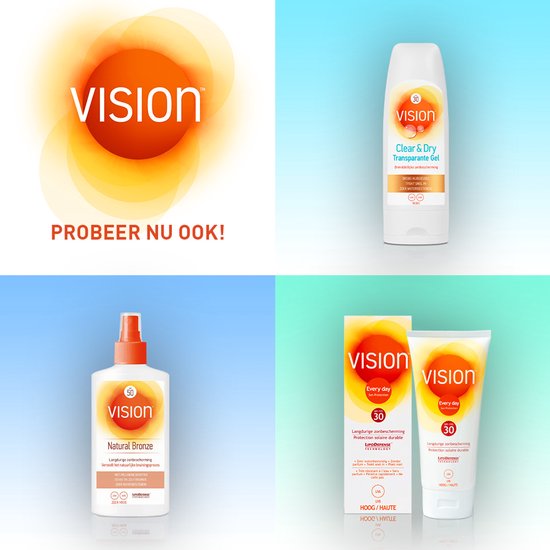 Vier producten van Vision: een logo, zonnebrandcrème met SPF 30, Natural Bronze spray met SPF 50 en een tube met Every Day SPF 30.