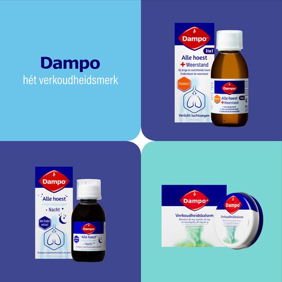 Dampo 3 in 1 Alle Hoest + Keelpijn - Bij droge en vastzittende hoest - Bij keelpijn - Verlicht de luchtwegen - Hoestdrank - Medisch hulpmiddel - 150 ml