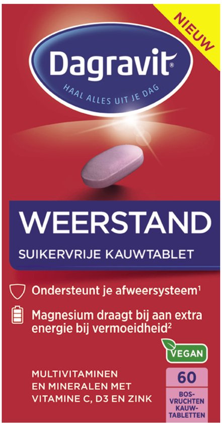 Verpakking van Dagravit Weerstand suikervrije kauwtabletten met multivitaminen en mineralen. Bevat 60 bosvruchtenkauwtabletten.