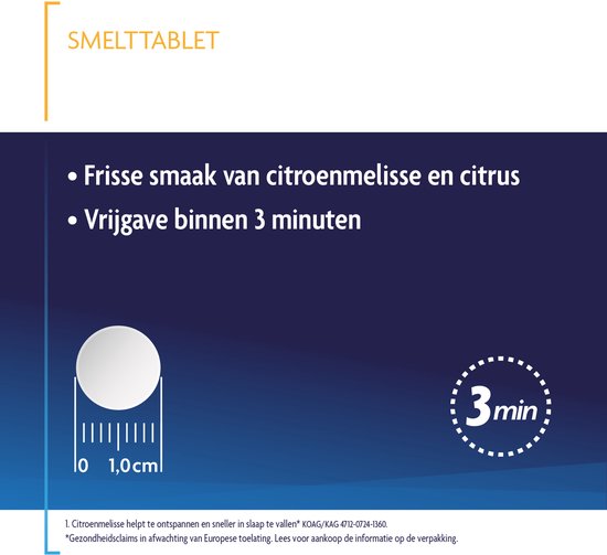 Smelttablet met citroenmelisse en citrus smaak, vrijgave binnen 3 minuten.