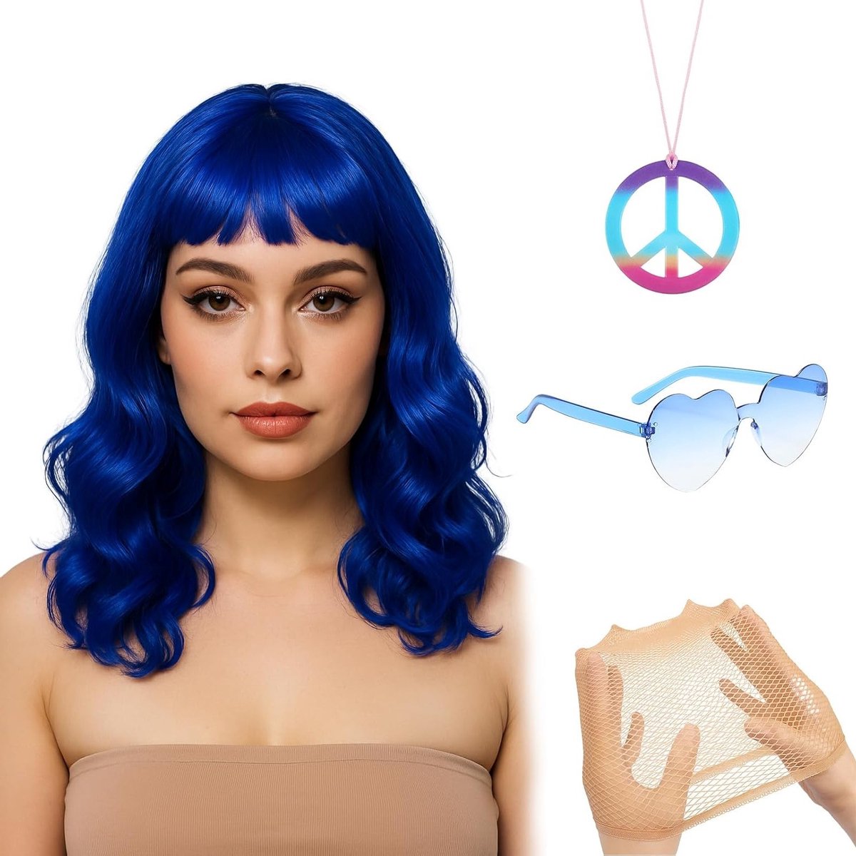 Korte Blauwe Bob Perücke voor Vrouwen met Hartvormige Bril en Accessoires voor Carnaval en Halloween Feestjes