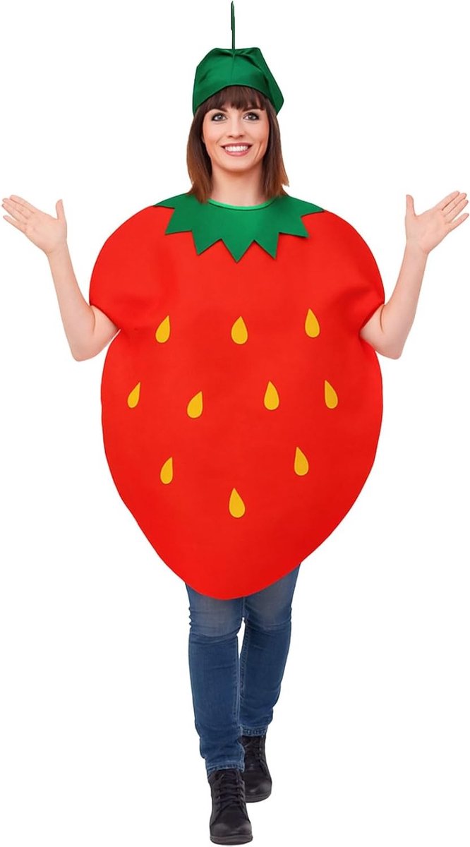 Aardbeienkostuum voor volwassenen, comfortabele en lichte outfit met hoofddeksel, perfect voor Halloween, themafeesten en rollenspellen
